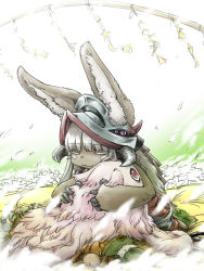 Rule 34 | 1girl, animal ears, blunt bangs, closed eyes, closed mouth, colored eyelashes, commentary request, creature, ears through headwear, fake horns, flower, furry, helmet, horned helmet, horns, hug, kneeling, looking at another, made in abyss, mitty (made in abyss), nanachi (made in abyss), petals, red eyes, stuffed animal, stuffed bird, stuffed rabbit, stuffed toy, tatsuya-fxstc, white hair