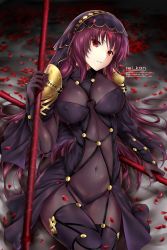 Rule 34 | 1girl, armor, artist name, bodysuit, breasts, covered navel, fate/grand order, fate (series), gae bolg (fate), highres, holding, holding weapon, large breasts, long hair, looking at viewer, lying, on back, pauldrons, polearm, purple bodysuit, purple hair, red eyes, rei kun, scathach (fate), shoulder armor, solo, spear, veil, very long hair, watermark, weapon, web address