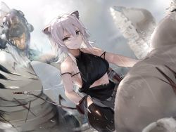 Rule 34 | 1girl, animal ears, bow (weapon), breasts, closed mouth, crop top, earrings, expressionless, funi mu9, grey eyes, grey hair, highres, hololive, jewelry, lion, lion ears, lion girl, long hair, monster, open mouth, overcast, quiver, rain, shishiro botan, sideboob, sky, sleeveless, solo focus, squatting, virtual youtuber, weapon
