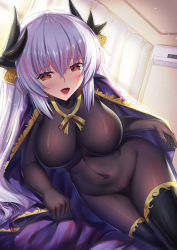 Rule 34 | 1girl, backlighting, blush, bodystocking, breasts, cameltoe, cape, covered erect nipples, covered navel, dragon horns, fate/grand order, fate (series), hair ornament, horns, iro ame (amewaagada), kiyohime (fate), kiyohime (third ascension) (fate), large breasts, long hair, no panties, open mouth, parted lips, red eyes, see-through, silver hair, solo, sparkle, thighhighs, traditional media, very long hair, watercolor pencil (medium)
