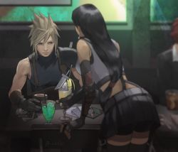 Rule 34 | 1girl, 2boys, alcohol, arm guards, back, bar (place), bike shorts, black skirt, blonde hair, blurry, cloud strife, counter, cup, depth of field, drink, drinking glass, final fantasy, final fantasy vii, final fantasy vii remake, fingerless gloves, gloves, long hair, looking at another, low-tied long hair, multiple boys, out of frame, reno (ff7), seventh heaven, shillo, shorts, shorts under skirt, sitting, skirt, sleeveless, smile, square enix, tifa lockhart