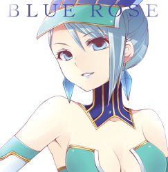 Rule 34 | 10s, 1girl, bad id, bad pixiv id, bare shoulders, blue eyes, blue hair, blue rose (tiger &amp; bunny), breasts, cleavage, detached collar, earrings, female focus, hair up, hat, jewelry, karina lyle, lipstick, makeup, matching hair/eyes, medium breasts, portrait, richard, short hair, simple background, solo, tiger &amp; bunny, white background