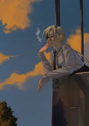 Rule 34 | 1girl, absurdres, black necktie, bonsachoi, chainsaw man, cigarette, cloud, collared shirt, evening, eyepatch, highres, holding, holding cigarette, leaning forward, long hair, necktie, ponytail, quanxi (chainsaw man), shirt, smoke, smoking, solo, tree, white shirt