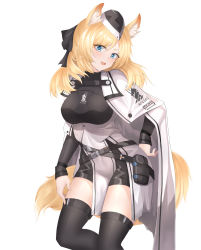 Rule 34 | 1girl, :d, animal ear fluff, animal ears, arknights, beijiushui, black headwear, black ribbon, black shorts, black thighhighs, blonde hair, blue eyes, breasts, cape, commentary request, fang, feet out of frame, hair ribbon, hand on own hip, head tilt, highres, horse ears, horse tail, kingdom of kazimierz logo, large breasts, long hair, looking at viewer, open mouth, ribbon, short shorts, shorts, simple background, skin fang, smile, solo, tail, thighhighs, thighs, whislash (arknights), white background, white cape