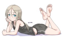 Rule 34 | 1girl, absurdres, barefoot, black tank top, blonde hair, blue eyes, crossed ankles, dolphin shorts, expressionless, feet, female focus, hair between eyes, highres, long hair, looking at viewer, lying, on stomach, original, shorts, soles, solo, tank top, the pose, toes, tsukimaru (ls 99ml), twitter username