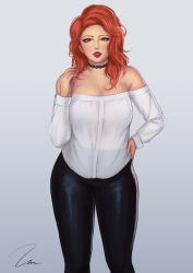 Rule 34 | 1girl, bare shoulders, black choker, black pants, breasts, choker, cleavage, collarbone, commission, curvy, hand on own stomach, hand up, large breasts, lipstick, long hair, long sleeves, looking at viewer, makeup, mascara, nail polish, off-shoulder shirt, orange eyes, orange hair, original, pants, parted lips, red lips, red nails, shirt, simple background, solo, standing, tight clothes, tight pants, umigraphics, wavy hair, white shirt