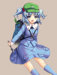 Rule 34 | 1girl, backpack, bag, blue eyes, blue hair, brown background, cucumber, hair bobbles, hair ornament, kawashiro nitori, key, kumao mofumofu, matching hair/eyes, open mouth, simple background, solo, touhou, twintails, two side up, wrench