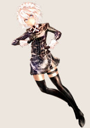 Rule 34 | &gt;:(, 1girl, black footwear, black gloves, black skirt, boots, closed mouth, fingerless gloves, frown, full body, gloves, grey eyes, highres, izayoi sakuya, koumajou densetsu, koumajou densetsu 2, lace, lace-trimmed skirt, lace trim, long sleeves, looking at viewer, maid headdress, miniskirt, sakushou, shirt, silver hair, skirt, solo, striped clothes, striped shirt, thigh boots, thighhighs, touhou, v-shaped eyebrows, vertical-striped clothes, vertical-striped shirt