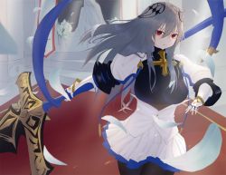 Rule 34 | 1girl, armor, azur lane, blue ribbon, breastplate, breasts, corset, diamond (shape), fleur-de-lis, gauntlets, grey hair, hair between eyes, hair ornament, holding, holding polearm, holding spear, holding weapon, long hair, looking at viewer, medium breasts, pleated skirt, polearm, polearm behind back, red eyes, ribbon, saint-louis (azur lane), shigma, skirt, solo, spear, unitard, weapon, white corset, white petals, white skirt