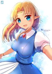 Rule 34 | 1girl, belt, blonde hair, blue dress, blue eyes, breasts, chinchongcha, dress, elf, grin, highres, long hair, looking at viewer, medium breasts, nintendo, open mouth, pointy ears, princess zelda, sidelocks, smile, solo, standing, the legend of zelda, the legend of zelda: a link to the past, tiara