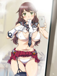 Rule 34 | 10s, 1girl, between breasts, bikini, black thighhighs, blush, braid, breasts, brown hair, cellphone, cleavage, clothes lift, covered erect nipples, garter straps, gloves, green eyes, iphone, kantai collection, large breasts, long hair, looking at mirror, looking at viewer, mirror, mouth hold, navel, necktie, necktie between breasts, noshiro (kancolle), phone, reflection, sameha ikuya, school uniform, selfie, shirt lift, single thighhigh, skirt, smartphone, smile, solo, swimsuit, thigh gap, thighhighs, twin braids, underboob, white bikini, white gloves