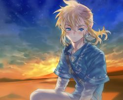 Rule 34 | 1boy, backlighting, blonde hair, blue eyes, blue shirt, blush, closed mouth, collarbone, earrings, evening, eyebrows, jewelry, kissai, layered sleeves, link, long sleeves, looking at viewer, male focus, nintendo, over shoulder, pants, pointy ears, ponytail, shirt, short over long sleeves, short sleeves, sitting, sky, smile, solo, star (sky), starry sky, sunset, the legend of zelda, the legend of zelda: breath of the wild, thick eyebrows, white pants