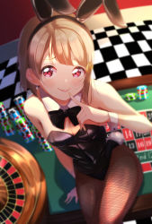 Rule 34 | 1girl, absurdres, animal ears, black leotard, black pantyhose, blunt bangs, blush, breasts, brown hair, casino, cleavage, detached collar, fake animal ears, fishnet pantyhose, fishnets, from above, highres, leotard, light brown hair, looking at viewer, looking up, love live!, love live! nijigasaki high school idol club, nakasu kasumi, pantyhose, pink eyes, playboy bunny, poker chip, rabbit ears, rabbit tail, roulette table, short hair, sitting, sitting on table, small breasts, solo, sophiaenju, table, tail, tongue, tongue out, wrist cuffs