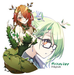 Rule 34 | 1girl, adarin, antlers, blush, braid, branch, breasts, ceres fauna, cleavage, cosplay, dc comics, dual persona, flower, glasses, green hair, green pantyhose, hair flower, hair ornament, highres, hololive, hololive english, horns, large breasts, lips, long hair, looking at viewer, makeup, mole, mole under eye, multicolored hair, pantyhose, plant, poison ivy, poison ivy (cosplay), red hair, simple background, smile, solo, streaked hair, vines, virtual youtuber, white background, yellow eyes