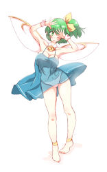 Rule 34 | 1girl, anklet, ascot, bad id, bad pixiv id, bare legs, barefoot, blush, bow, breasts, camisole, cleavage, daiyousei, detached collar, fairy wings, full body, green eyes, green hair, hair bow, highres, jewelry, large breasts, non (z-art), one eye closed, panties, pantyshot, ponytail, see-through, short hair, simple background, solo, spaghetti strap, standing, touhou, underwear, white background, wings, wrist cuffs