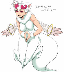 Rule 34 | 1girl, animal ears, antennae, arthropod girl, bee, breasts, bug, capcom, cat ears, cat tail, cosplay, crossover, fusion, highres, impossible clothes, impossible shirt, insect, itou yuuji, katakana, kyubey, kyuubee (cosplay), large breasts, mahou shoujo madoka magica, mahou shoujo madoka magica (anime), monster girl, name connection, open mouth, pink eyes, pun, q-bee, saliva, shirt, simple background, sleeveless, solo, steepled fingers, tail, translated, vampire (game), white background, white hair, wings