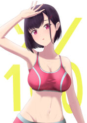 Rule 34 | 1girl, absurdres, arm up, black hair, breasts, collarbone, commentary request, hair behind ear, hair ornament, hairclip, highres, kozono, large breasts, looking at viewer, mikazuki shizuka, navel, open mouth, pink eyes, pink shorts, pink sports bra, short hair, shorts, solo, sports bra, upper body, white background, yellow background, zom 100: zombie ni naru made ni shitai 100 no koto
