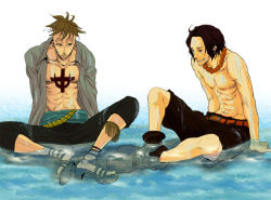 Rule 34 | 2boys, male focus, marco (one piece), multiple boys, one piece, portgas d. ace, sitting, tattoo, wet