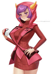 Rule 34 | 1girl, artist name, blush, breasts, chungmechanic, closed mouth, courtney (pokemon), cowboy shot, creatures (company), dress, game freak, hand on own hip, highres, holding, holding poke ball, hood, hood up, large breasts, long sleeves, looking at viewer, nail polish, nintendo, poke ball, poke ball (basic), pokemon, pokemon oras, purple eyes, purple hair, purple nails, red dress, red sweater, short hair, simple background, solo, sweater, sweater dress, swept bangs, team magma, white background