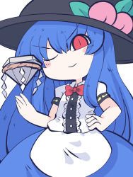 Rule 34 | 1girl, black hat, blue hair, blue skirt, blush stickers, buttons, center frills, chahan (fried rice0614), closed mouth, collared shirt, food, food-themed hat ornament, frills, fruit, fruit hat ornament, hair between eyes, hat, hat ornament, highres, hinanawi tenshi, long hair, one-hour drawing challenge, peach, puffy short sleeves, puffy sleeves, red eyes, shirt, short sleeves, simple background, skirt, smile, solo, touhou, white background, white shirt