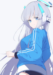Rule 34 | 1girl, absurdres, blue archive, blue eyes, grey hair, gym uniform, halo, highres, mechanical ears, mechanical halo, noa (blue archive), oil sob, simple background, solo, white background