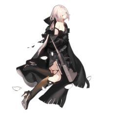 Rule 34 | assault rifle, aug (girls&#039; frontline), black dress, blood, blood on face, bloody tears, boots, bullpup, closed eyes, dress, full body, girls&#039; frontline, gun, hair ribbon, high heel boots, high heels, holding own arm, injury, jacket, long hair, on floor, petals, ribbon, rifle, samail, solo, steyr aug, thigh boots, thighhighs, torn clothes, torn dress, torn thighhighs, transparent background, weapon