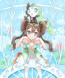 Rule 34 | 1girl, aqua eyes, bare shoulders, blush, bright pupils, brown hair, cloud, commentary request, creatures (company), day, double bun, dress, ffccll, game freak, gen 5 pokemon, grin, hair bun, hands up, highres, legendary pokemon, long hair, looking at viewer, meloetta, mythical pokemon, nintendo, official alternate costume, on head, outdoors, pokemon, pokemon (creature), pokemon masters ex, pokemon on head, rosa (champion) (pokemon), rosa (pokemon), sky, smile, teeth, thighhighs, tiara, twintails