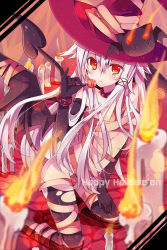 Rule 34 | 1girl, anceril sacred, bad id, bad pixiv id, bat wings, blurry, blush, candle, candy, demon girl, demon tail, depth of field, elbow gloves, fire, food, gloves, halloween, happy halloween, hat, highres, kneeling, lollipop, long hair, looking at viewer, mishima kurone, naked ribbon, original, partially submerged, pinky out, red eyes, ribbon, saliva, saliva trail, solo, tail, thighhighs, torn clothes, torn thighhighs, very long hair, white hair, wings, witch hat