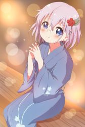 Rule 34 | 1girl, blue eyes, blue kimono, blush, commentary request, feet out of frame, flower, glasses, hair flower, hair ornament, highres, ikeda chitose, japanese clothes, kimono, lens flare, looking at viewer, minatsuki hitoka, own hands clasped, own hands together, purple hair, round eyewear, short hair, sitting, smile, solo, wide sleeves, yuru yuri