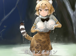 Rule 34 | 10s, 1girl, aimitsu (ibityuttyu), animal ears, blonde hair, blush, bow, bowtie, breast hold, breasts, center frills, cowboy shot, elbow gloves, frills, fur collar, gloves, jaguar (kemono friends), jaguar ears, jaguar print, jaguar tail, kemono friends, large breasts, looking at viewer, parody, grabbing own breast, shirt, short hair, skirt, smile, solo, tail, thighhighs, tree, wading, water, wet, wet clothes, wet hair, wet shirt, yellow eyes