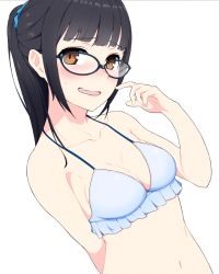Rule 34 | 1girl, :o, arm behind back, bare arms, bare shoulders, bikini, black hair, blue-framed eyewear, blue bikini, blue scrunchie, blush, breasts, brown eyes, cleavage, collarbone, commentary request, embarrassed, fang, frilled bikini, frills, glasses, hair ornament, hair scrunchie, halterneck, hand up, hi iro, long hair, looking at viewer, medium breasts, navel, open mouth, original, ponytail, scrunchie, sidelocks, simple background, smile, solo, stomach, sweat, swimsuit, upper body, white background