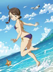 Rule 34 | 1girl, ahoge, bare arms, bare legs, barefoot, bikini, blush, braid, breasts, brown eyes, brown hair, cloud, commentary, commission, creatures (company), day, game freak, gen 1 pokemon, gen 3 pokemon, grin, highres, juliana (pokemon), leg up, looking at viewer, nintendo, ocean, outdoors, pokemon, pokemon (creature), pokemon sv, purple bikini, shoulder blades, side-tie bikini bottom, sky, small breasts, smile, standing, standing on one leg, staryu, suitenan, swimsuit, teeth, toes, water, wingull