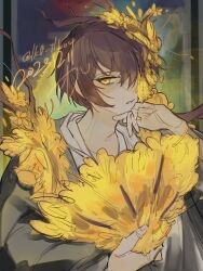 Rule 34 | 1boy, black coat, black hair, branch, coat, dated, e.g.o (project moon), flower, flower over eye, hair flower, hair ornament, hand fan, highres, holding, holding fan, limbus company, lk0 71604, parted lips, project moon, signature, solo, upper body, white hanbok, wings, yellow eyes, yellow flower, yi sang (project moon)