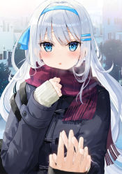 Rule 34 | 1girl, 1other, bag, black bag, black coat, blue eyes, blue ribbon, blush, coat, commentary request, fuumi (radial engine), hair ornament, hair ribbon, hairclip, long hair, looking at viewer, original, outdoors, plaid, plaid scarf, red scarf, ribbon, scarf, silver hair, sleeves past wrists, solo