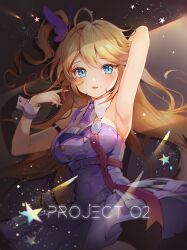 Rule 34 | 1girl, absurdres, ahoge, arm up, armpits, blonde hair, blue eyes, breasts, butterfly hair ornament, character request, cleavage, dress, hair ornament, highres, indie virtual youtuber, long hair, luna nyann, lying, medium breasts, on back, open mouth, side ponytail, smile, solo, star (symbol), virtual youtuber, wrist cuffs