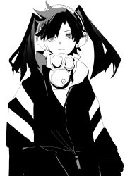 Rule 34 | 1girl, closed mouth, enomoto takane, gas mask, greyscale, headphones, higashino, highres, jacket, kagerou project, long hair, long sleeves, mask, mask around neck, monochrome, simple background, sketch, solo, twintails, upper body