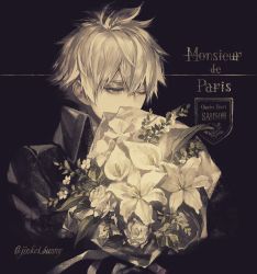 Rule 34 | 1boy, black coat, bouquet, charles-henri sanson (fate), coat, covered mouth, fate/grand order, fate (series), flower, hair between eyes, high collar, holding, koshika rina, leaf, lily (flower), male focus, one eye closed, short hair, solo, white hair