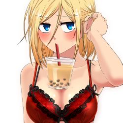 Rule 34 | 1girl, blonde hair, blue eyes, blush, bra, bubble tea, drinking, dungeon and fighter, gunner (dungeon and fighter), hand in own hair, lingerie, ranger (dungeon and fighter), short hair, sss (komojinos3), sweat, underwear, white background