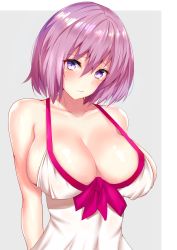 Rule 34 | 1girl, bare shoulders, blush, border, breasts, cleavage, fate/grand order, fate (series), grey background, hair between eyes, hair over one eye, highres, large breasts, looking at viewer, mash kyrielight, mash kyrielight (swimsuit of perpetual summer), official alternate costume, one-piece swimsuit, purple eyes, purple hair, sankakusui, short hair, solo, swimsuit, white border, white one-piece swimsuit