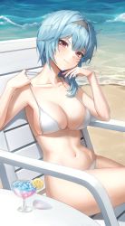 Rule 34 | 1girl, absurdres, alternate costume, aqua hair, armpits, asymmetrical hair, bare arms, bare shoulders, beach, beach chair, bikini, black hairband, blush, breasts, brown eyes, cleavage, closed mouth, collarbone, crossed legs, cup, day, eula (genshin impact), genshin impact, gradient eyes, hair ornament, hairband, halterneck, halterneck, hands up, head tilt, highres, large breasts, multicolored eyes, navel, ocean, outdoors, pul (gks569), short hair, sidelocks, sitting, skindentation, solo, stomach, strap gap, strap pull, string bikini, sunlight, swimsuit, table, thighs, tropical drink, white bikini