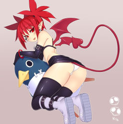 Rule 34 | 1girl, ass, bat wings, belt, blush, boots, bracelet, colored eyelashes, demon girl, demon tail, demon wings, disgaea, earrings, elbow gloves, etna (disgaea), from behind, full body, gloves, gradient background, jewelry, kuroonehalf, looking at viewer, looking back, makai senki disgaea, microskirt, naughty face, panties, pointy ears, prinny, red eyes, red hair, simple background, skindentation, skirt, solo, tail, thighhighs, thighs, tongue, tongue out, twintails, underwear, white panties, wings