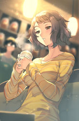 Rule 34 | 10s, 1boy, 1girl, amamiya ren, blurry, coffee cup, cup, depth of field, disposable cup, glasses, kawakami sadayo, parted lips, persona, persona 5, shirt, short hair, sitting, solo focus, steam, striped clothes, striped shirt, yoshimoto (dear life)
