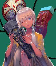Rule 34 | 1girl, :d, ;d, beads, blue eyes, blunt bangs, bracelet, collarbone, danganronpa (series), danganronpa v3: killing harmony, dark-skinned female, dark skin, female focus, green background, highres, holding, jacket, jewelry, long hair, looking at viewer, necklace, one eye closed, open mouth, qianhai, silver hair, simple background, smile, solo, tagme, teeth, twintails, upper body, upper teeth only, wide sleeves, yonaga angie