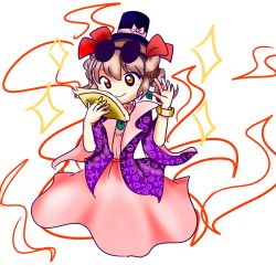 Rule 34 | absurdres, antinomy of common flowers, artist request, bad id, bad pixiv id, bracelet, brown hair, drill hair, folding fan, hand fan, hat, highres, jewelry, ring, simple background, sparkle, top hat, touhou, white background, yellow eyes, yorigami jo&#039;on