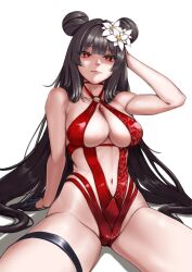 Rule 34 | 1girl, arm support, bare shoulders, bikini, black gloves, blunt bangs, breasts, brown hair, cleavage, closed mouth, double bun, eyeliner, flower, fujita ichi, gloves, goddess of victory: nikke, hair bun, hair flower, hair ornament, half gloves, highres, large breasts, lips, long hair, looking at viewer, red bikini, red eyeliner, red eyes, simple background, sitting, smile, solo, swimsuit, thigh strap, white background, yan (nikke), yan (sunrise market) (nikke)