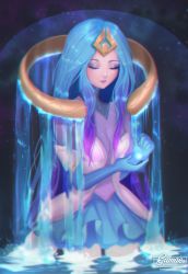 Rule 34 | 1girl, artist name, blue gloves, blue skirt, breasts, closed mouth, elementalist lux, closed eyes, eyeshadow, gloves, gumae, league of legends, lipstick, long hair, lux (league of legends), makeup, medium breasts, partially submerged, purple lips, skirt, solo, standing, water, water elementalist lux, watermark, web address