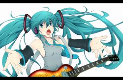Rule 34 | 1girl, 2011 sendai earthquake and tsunami, ahoge, aqua eyes, aqua hair, armpits, breasts, detached sleeves, guitar, hatsune miku, instrument, letterboxed, long hair, necktie, negiya, open mouth, outstretched arms, sideboob, small breasts, solo, twintails, very long hair, vocaloid