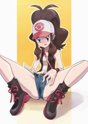 Rule 34 | :q, baseball cap, blue eyes, blush, boots, brown hair, creatures (company), cross-laced footwear, denim, game freak, hat, hilda (pokemon), lace-up boots, nintendo, pokemon, pokemon bw, ponytail, ryunryun, shorts, simple background, solo, sweat, tongue, tongue out, vest, wristband