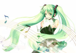 Rule 34 | 1girl, aoi (pixiv13959), bad id, bad pixiv id, detached sleeves, green eyes, green hair, hatsune miku, long hair, matching hair/eyes, musical note, skirt, solo, staff (music), thighhighs, toono aoi, twintails, vocaloid