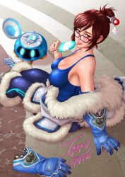 Rule 34 | 1girl, arm support, blush, breasts, brown eyes, brown hair, cleavage, coat, fur coat, fur trim, glasses, gloves, hair bun, hair ornament, hair stick, hairpin, highres, ice, jacket, jacket on shoulders, large breasts, looking at viewer, looking back, mei (overwatch), overwatch, overwatch 1, single hair bun, sitting, solo, tongue, tongue out, torn s